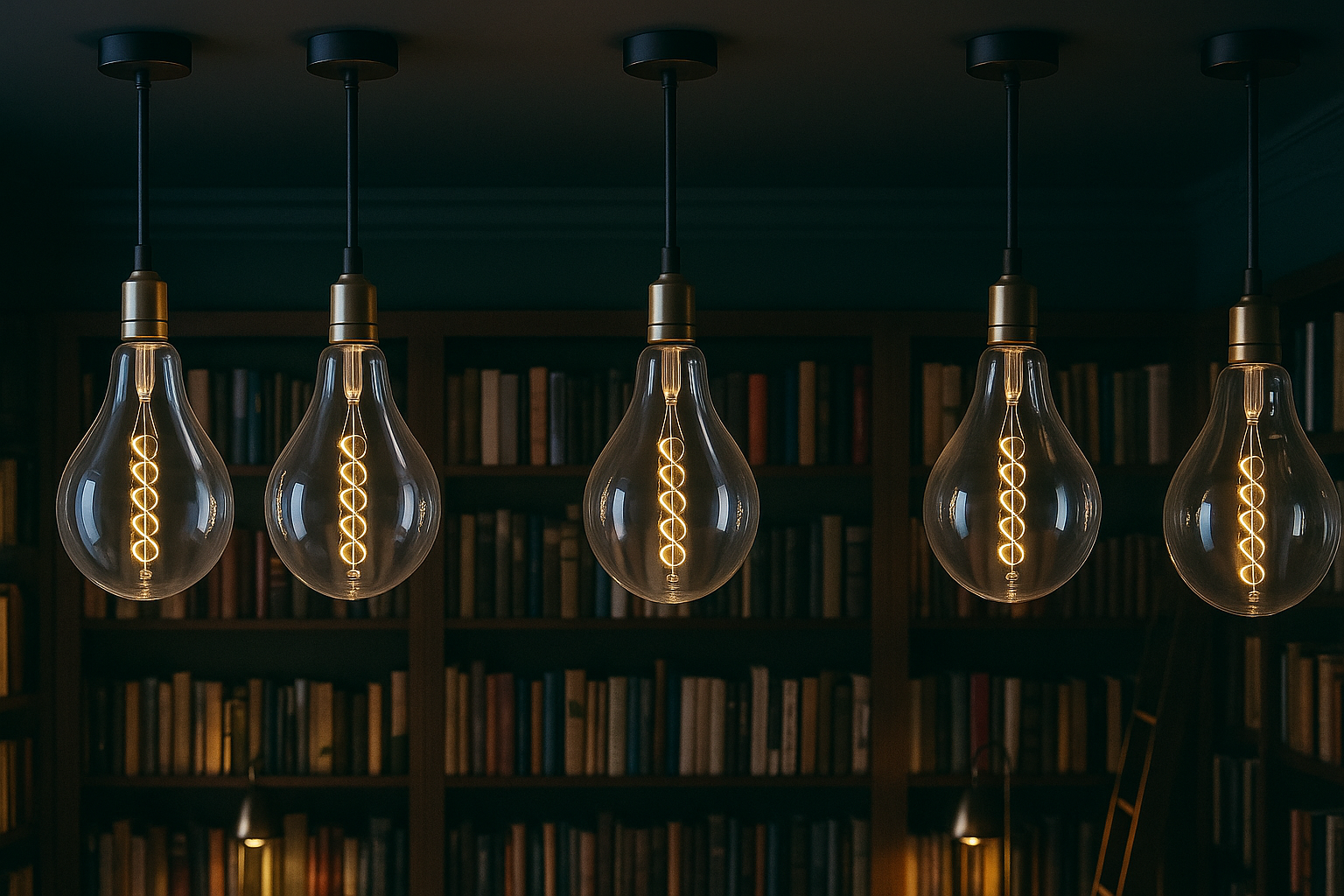 Five hanging light bulbs with a bookshelf in the background