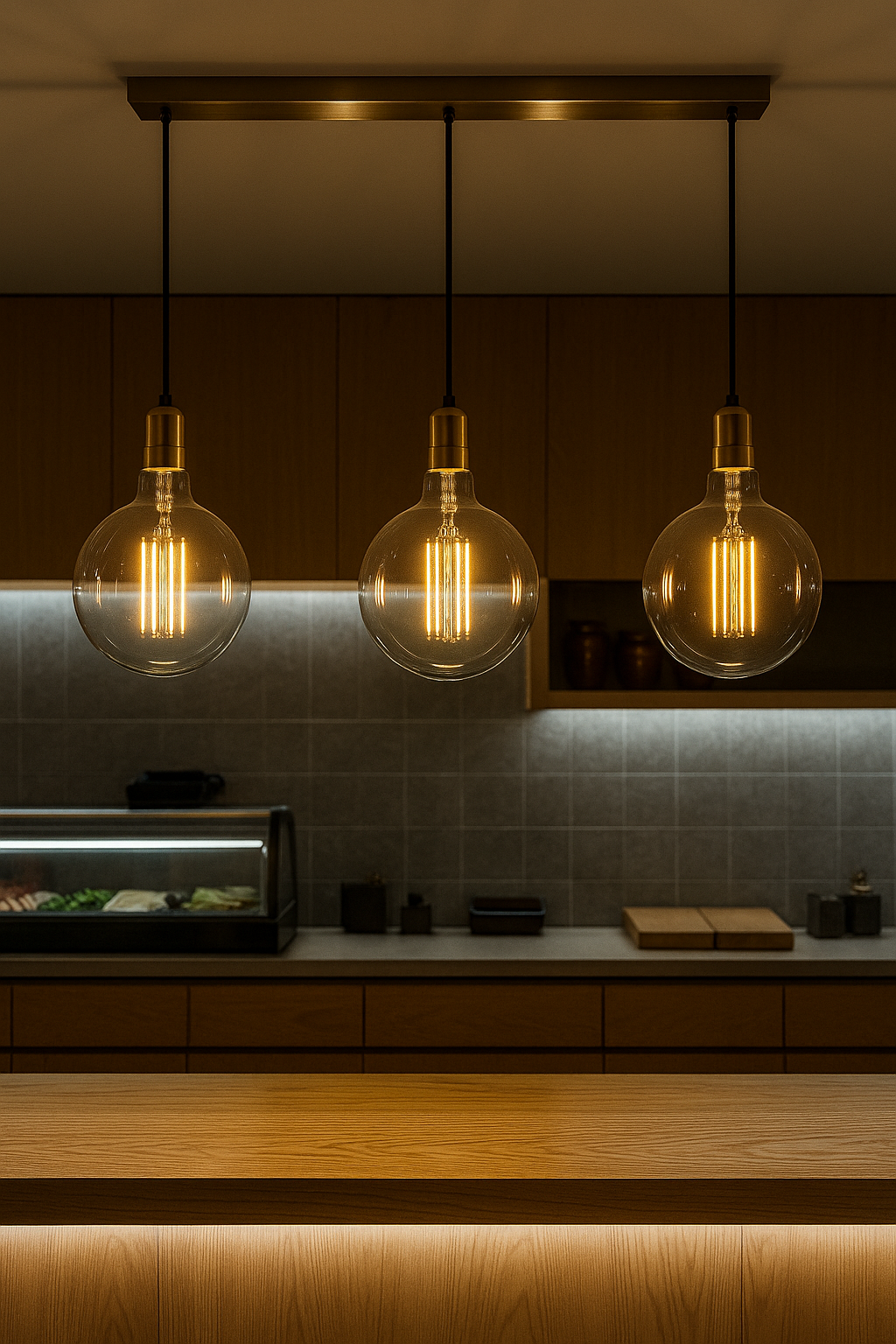 Modern kitchen with pendant lights hanging above a wooden counter.