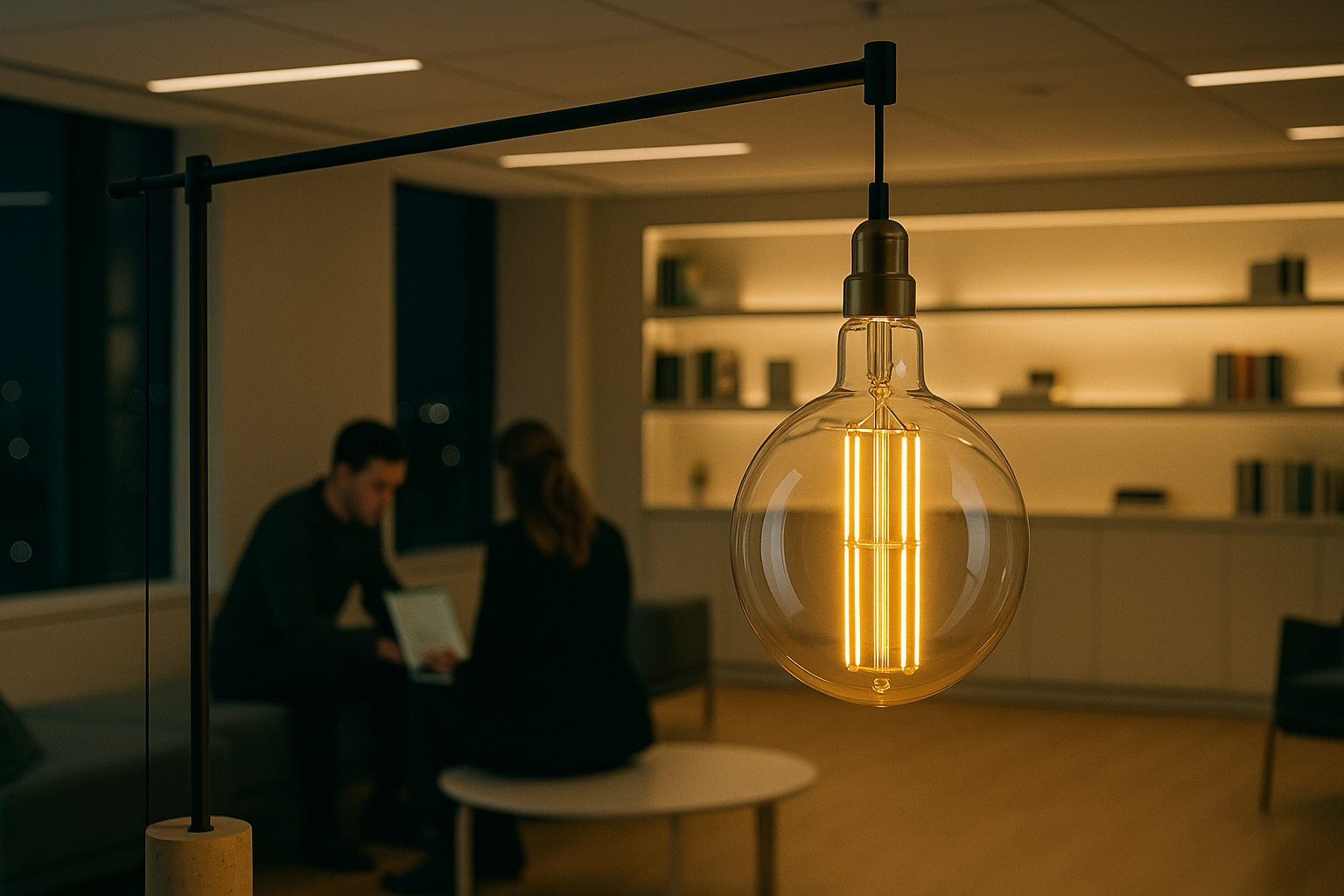 Large vintage-style light bulb in a modern office setting with people working.