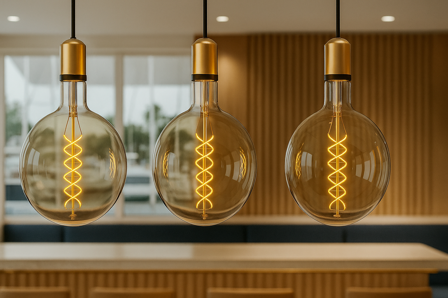 Three vintage-style light bulbs hanging in a modern interior setting.