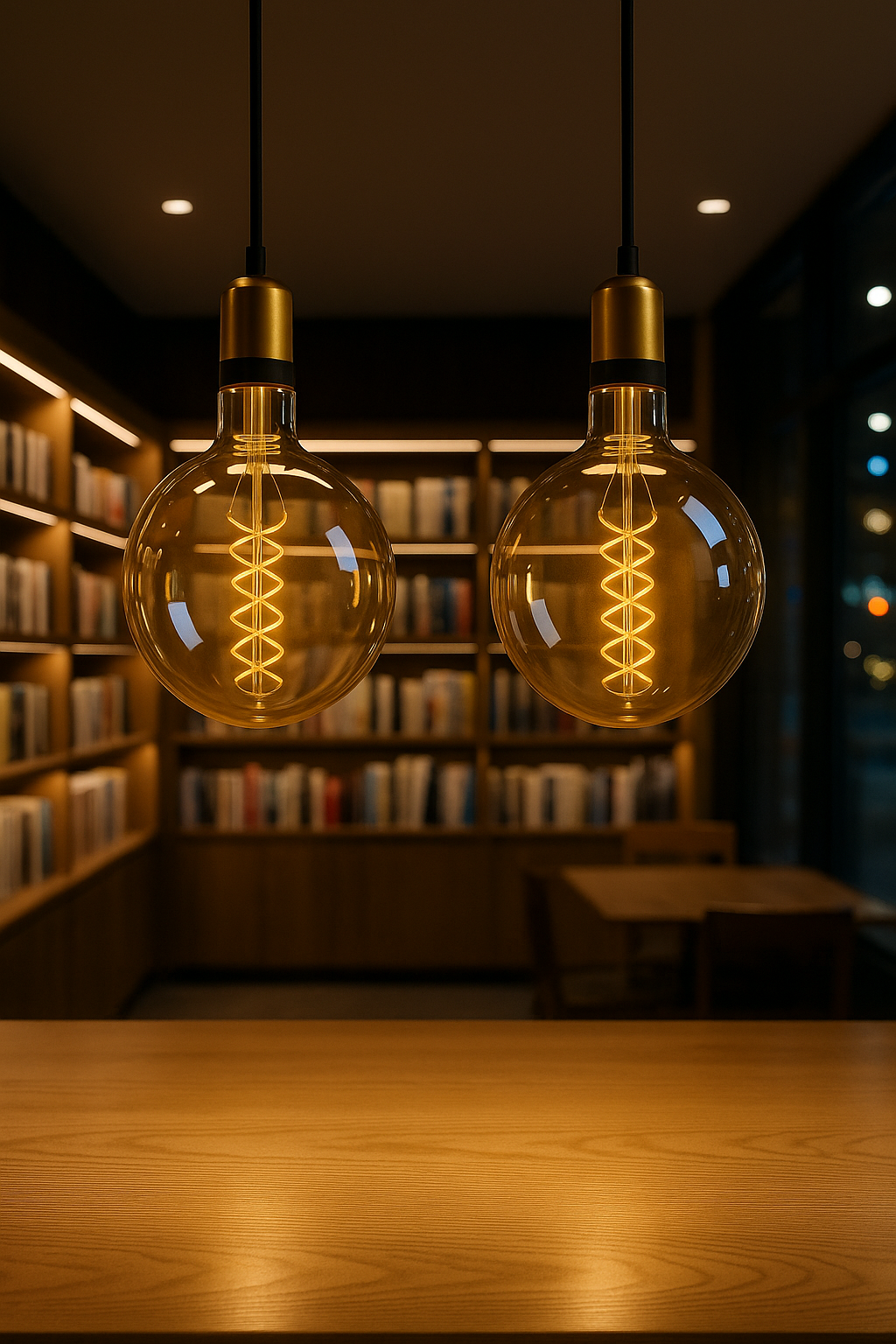 Two illuminated pendant lights hanging above a wooden table in a dimly lit room with bookshelves in the background.