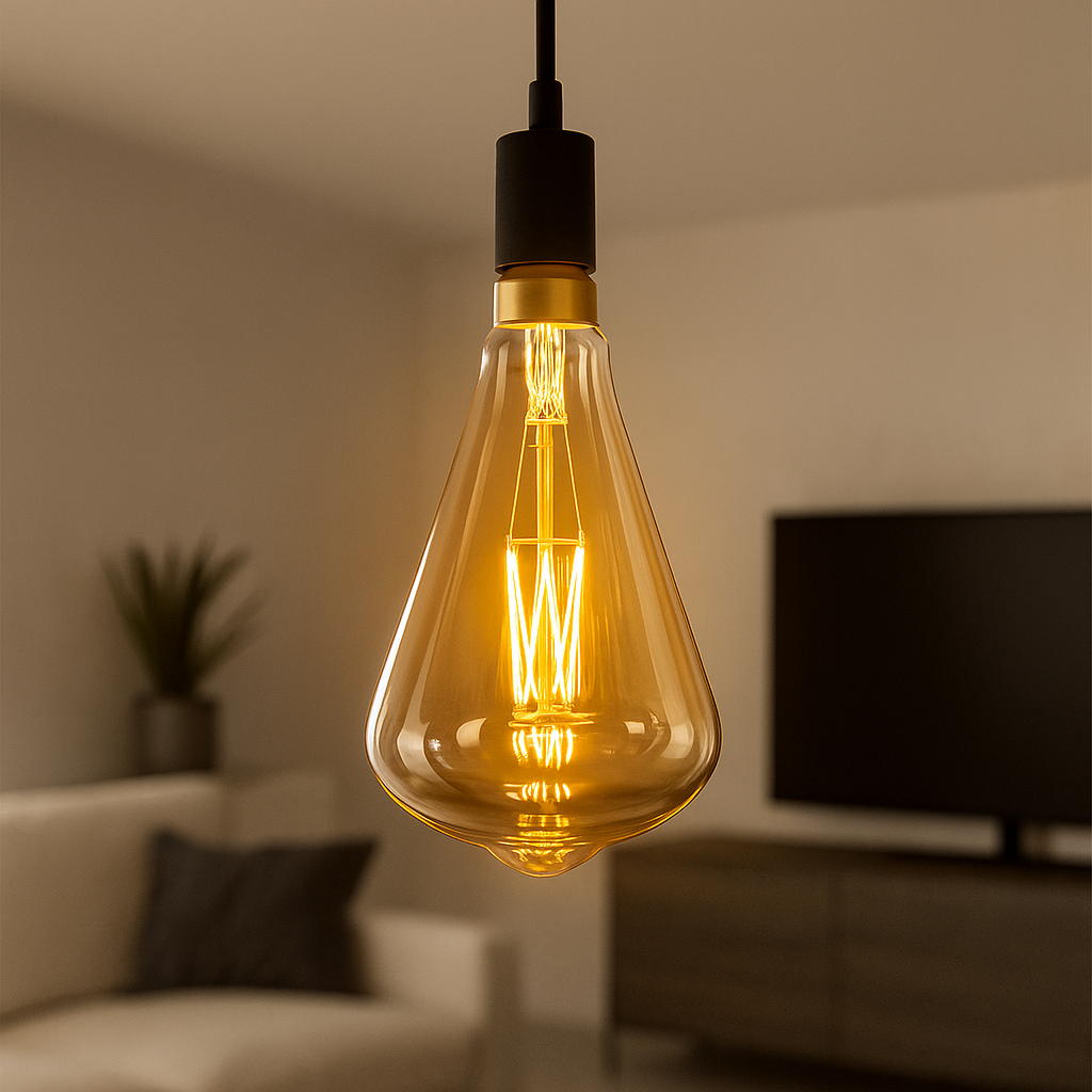 Vintage-style light bulb hanging in a living room setting