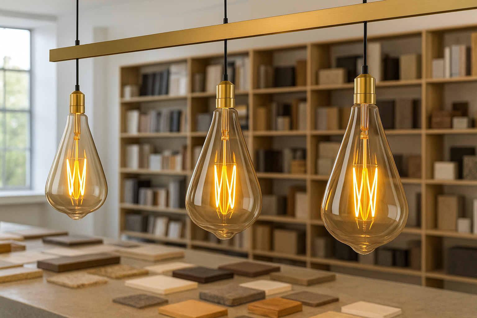 Three illuminated vintage-style light bulbs hanging above a wooden surface with a bookshelf in the background.