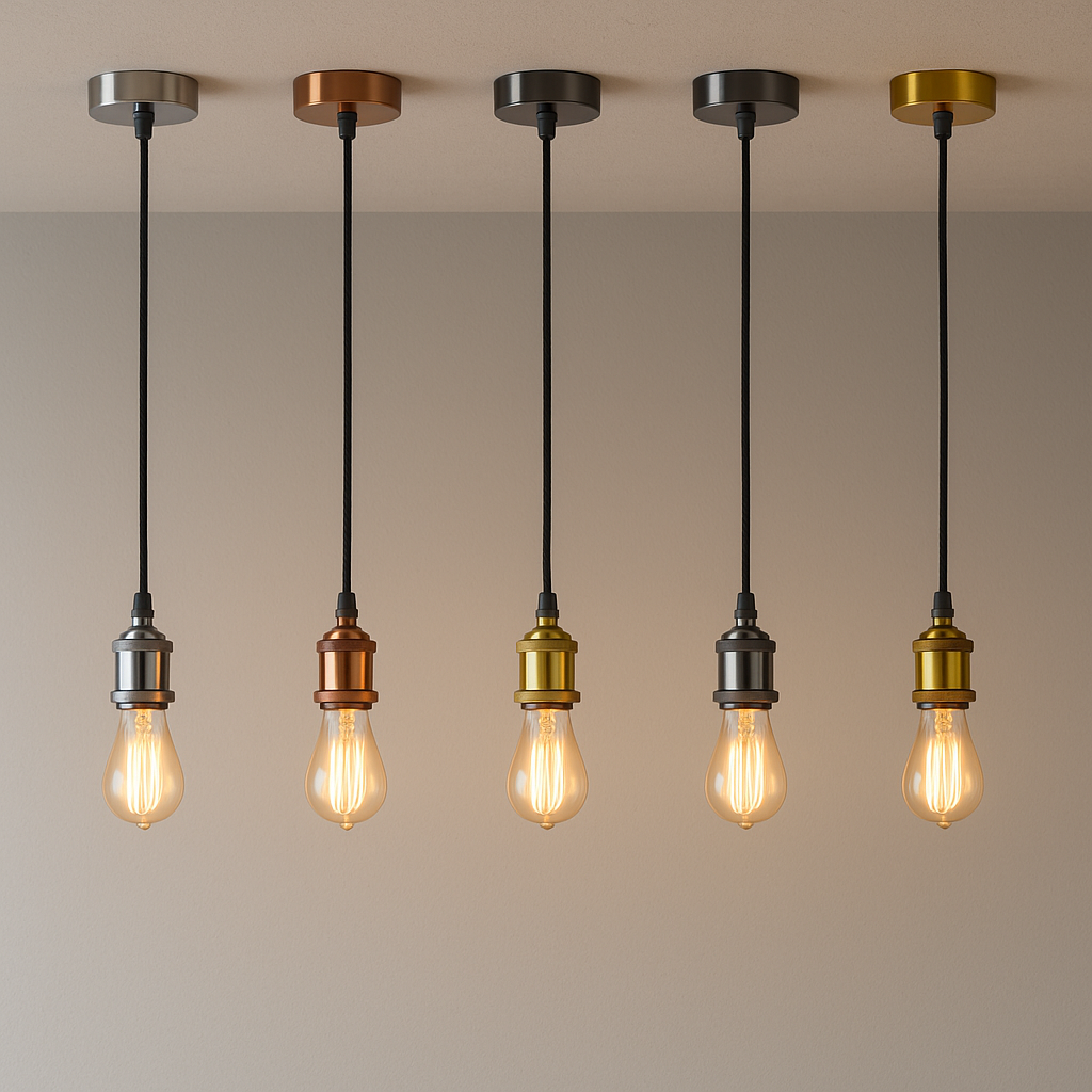 Five pendant lights with different metal finishes on a plain background