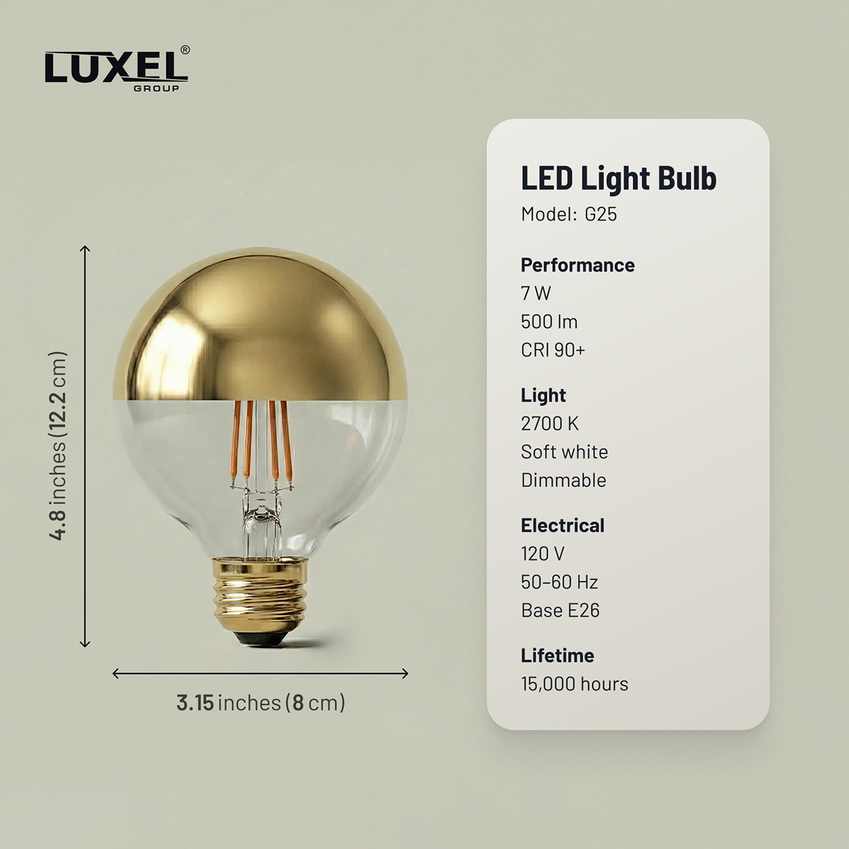 Gold LED light bulb with Luxel branding and specifications on a beige background