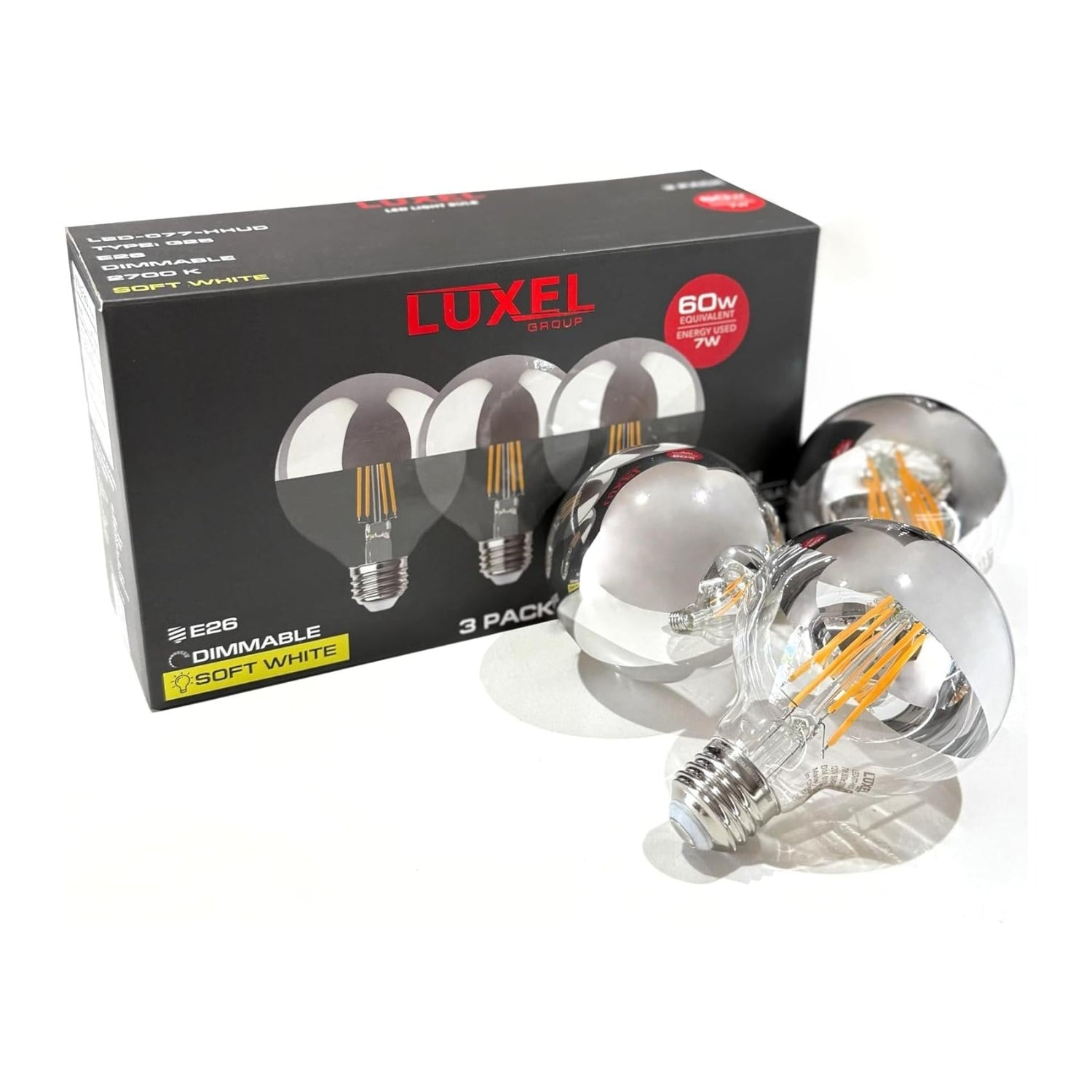 Luxel light bulbs with packaging on a white background