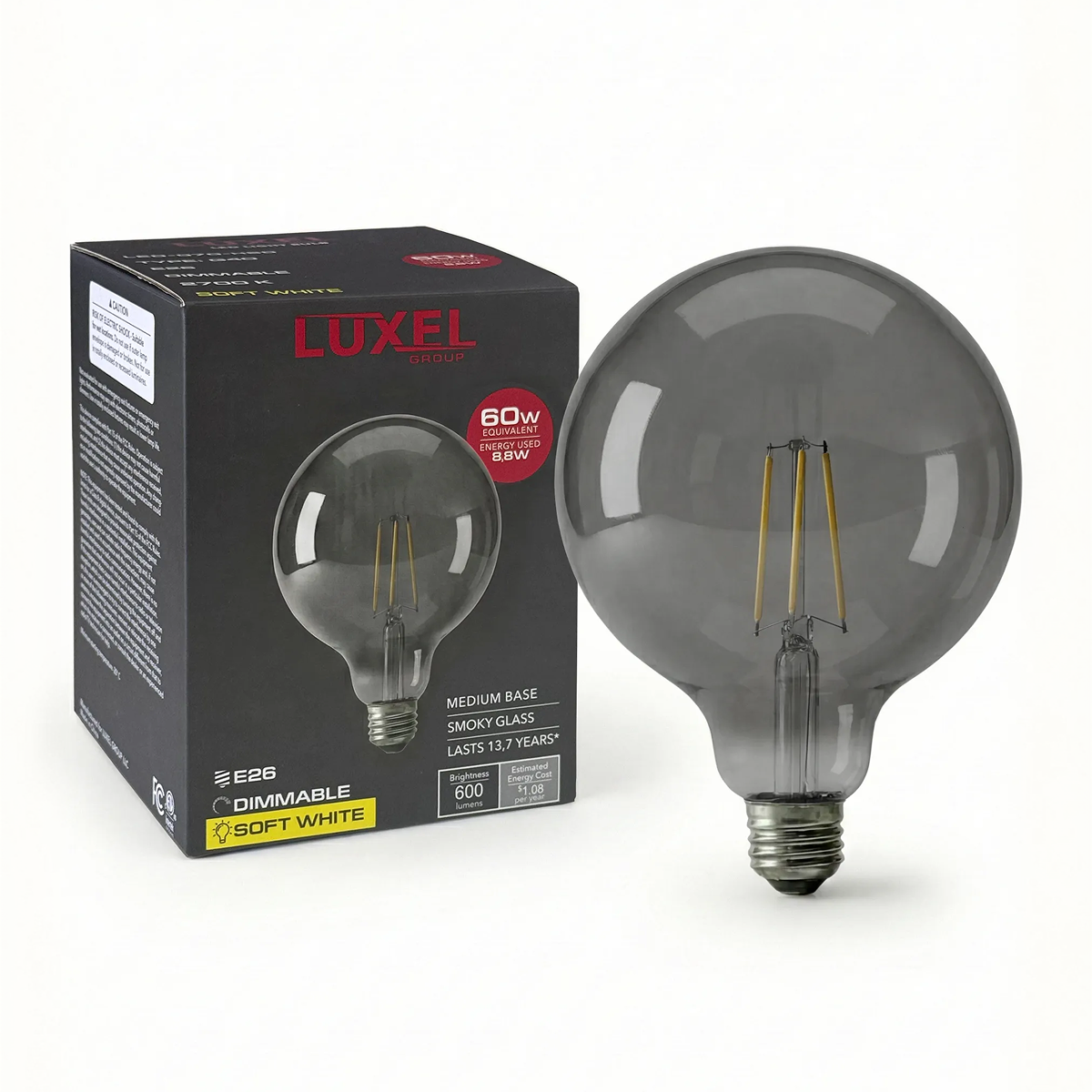 Luxel LED light bulb and its packaging on a white background