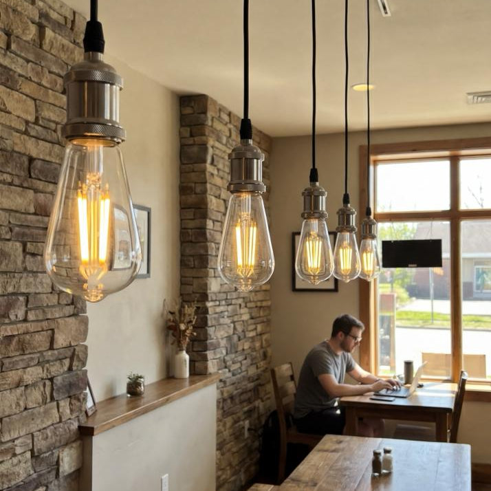 Dining area with wooden tables and stone wall, featuring pendant lights.