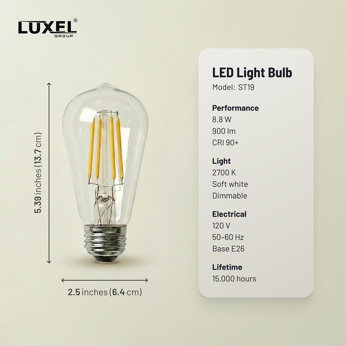 LED light bulb with Luxel branding and specifications on a beige background
