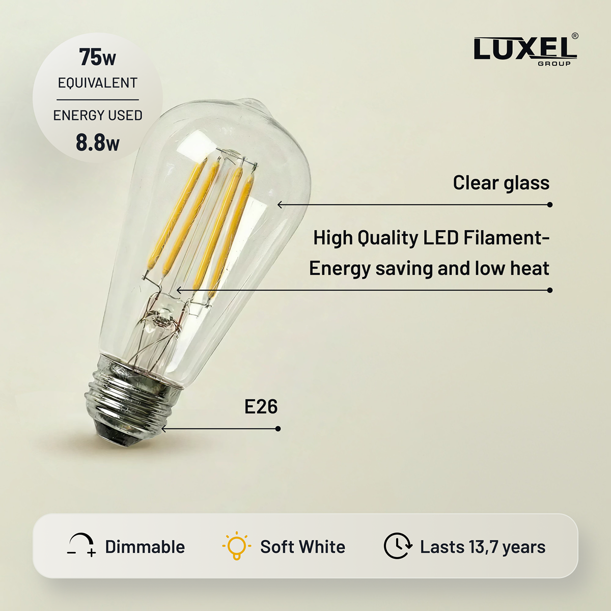 LED filament bulb with Luxel branding and features listed on a beige background