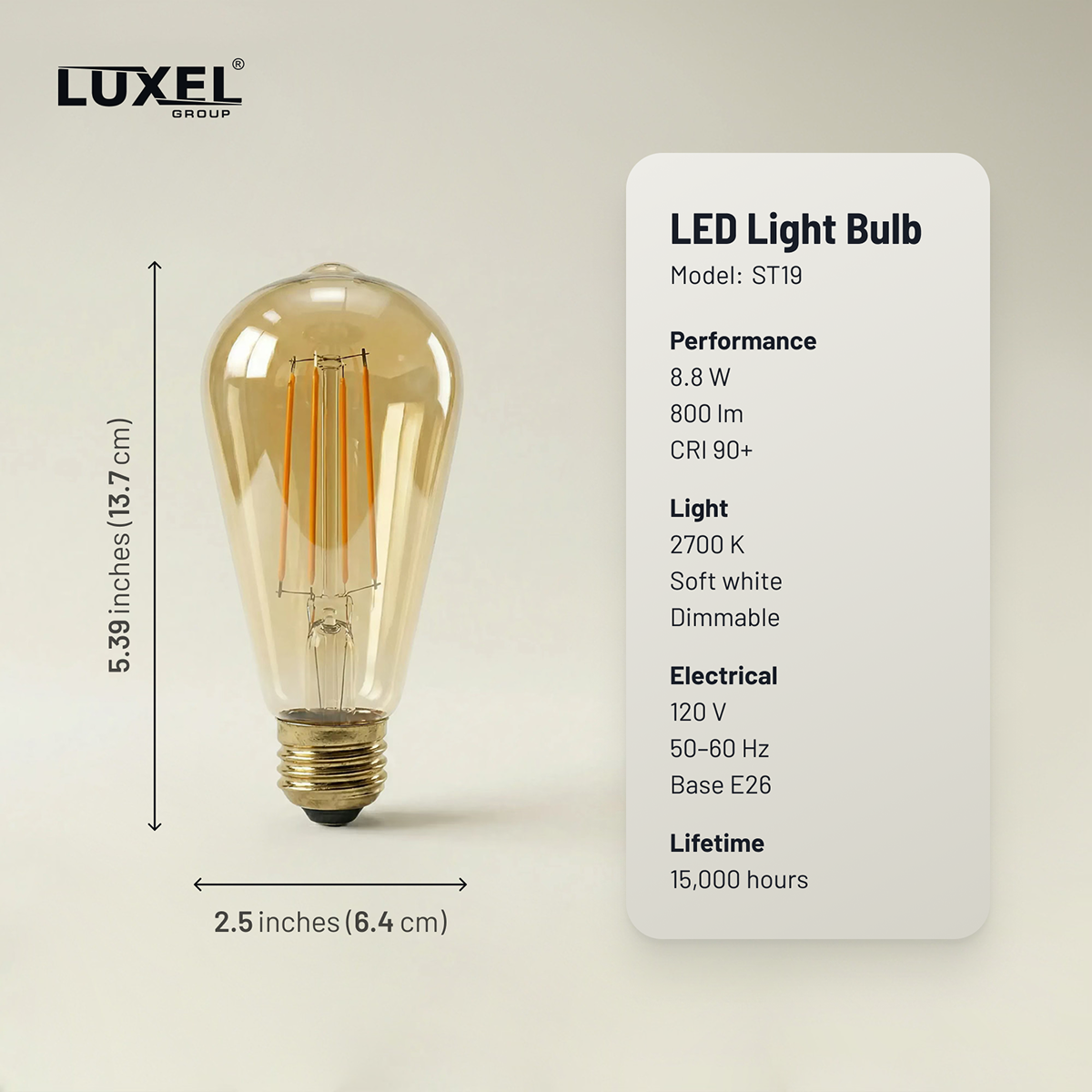 LED light bulb with Luxel branding and specifications on a beige background