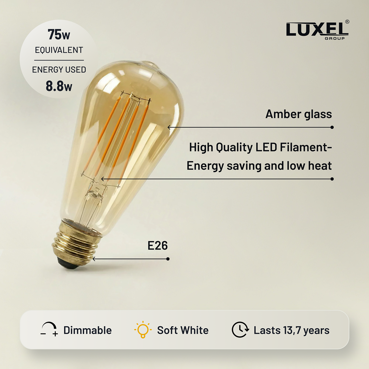 Luxel LED light bulb with features highlighted on a beige background