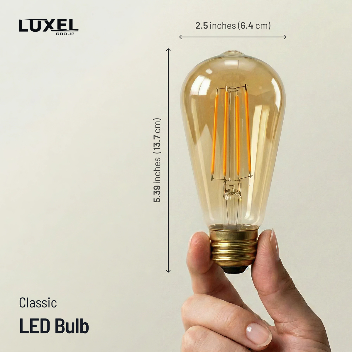 Luxel classic LED bulb held by a hand with dimensions displayed on a beige background