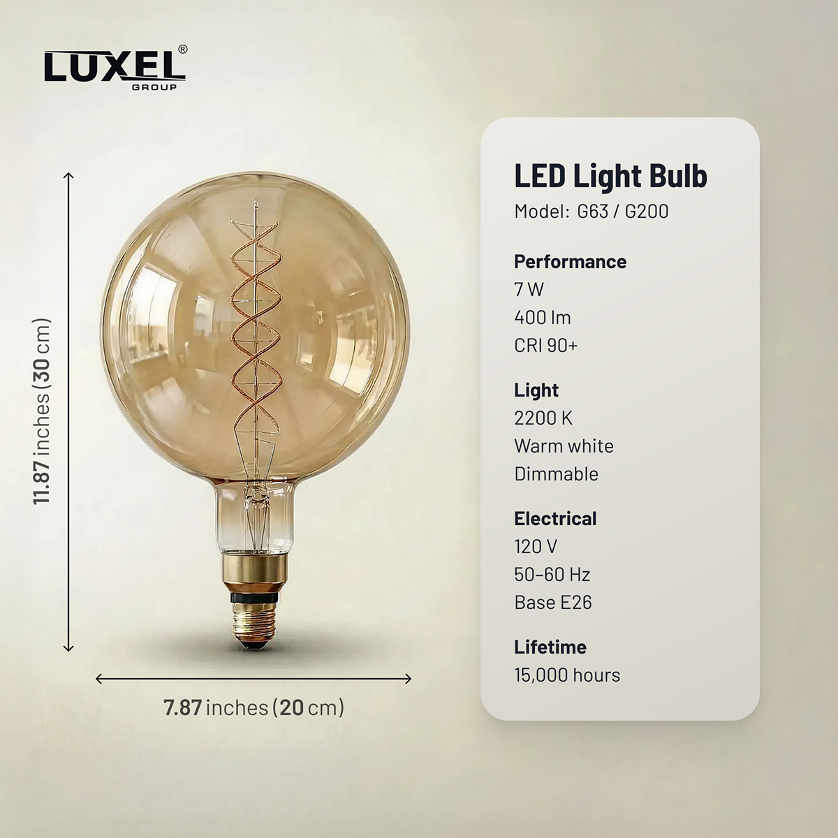 LED light bulb with Luxel branding and specifications on a beige background