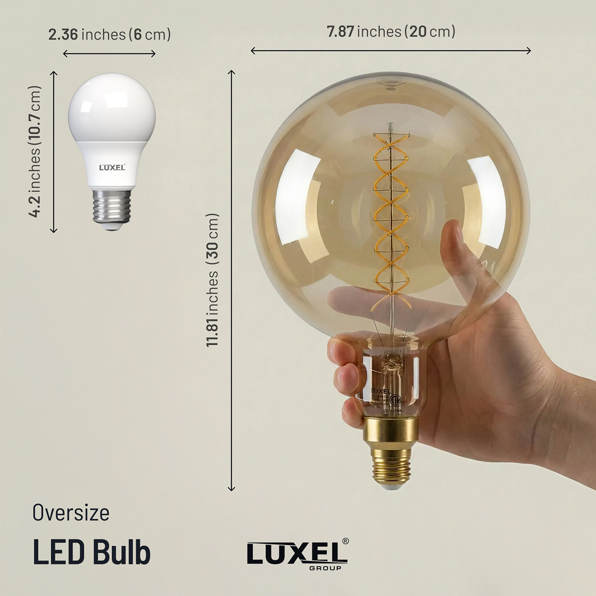 Comparison of an oversized LED bulb and a standard LED bulb with Luxel branding.