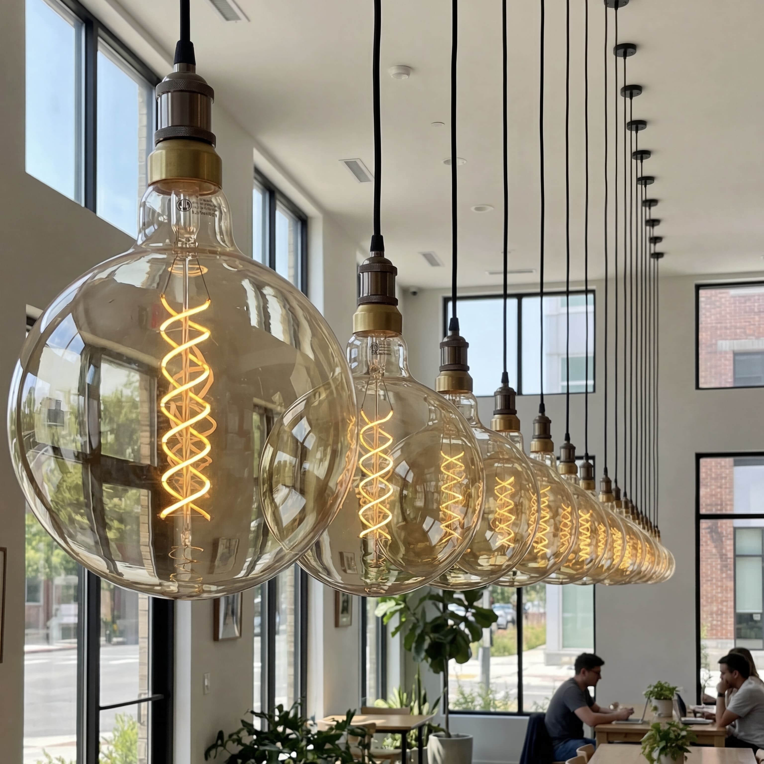 Modern interior with hanging pendant lights in a well-lit room.