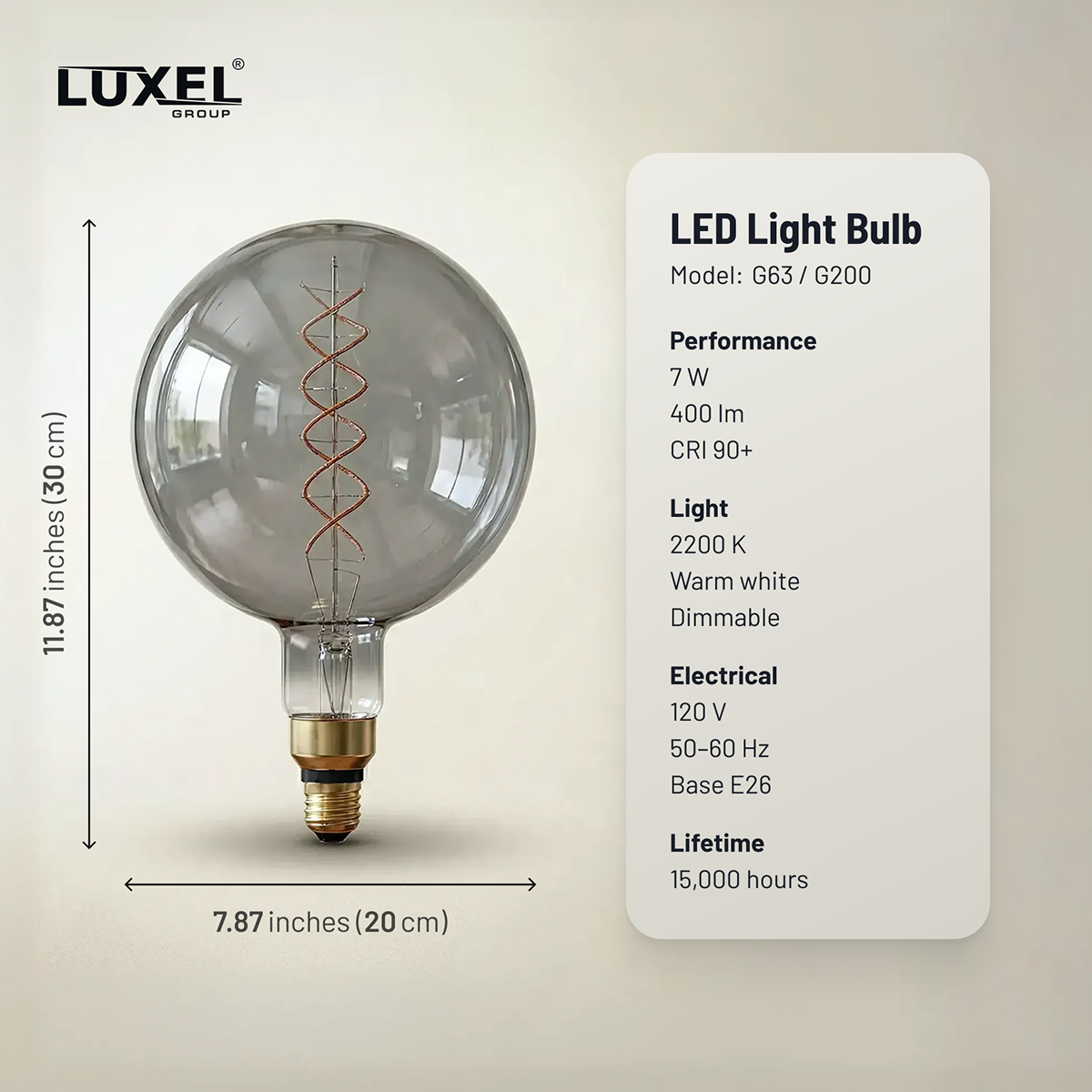 Luxel LED light bulb with specifications on a beige background