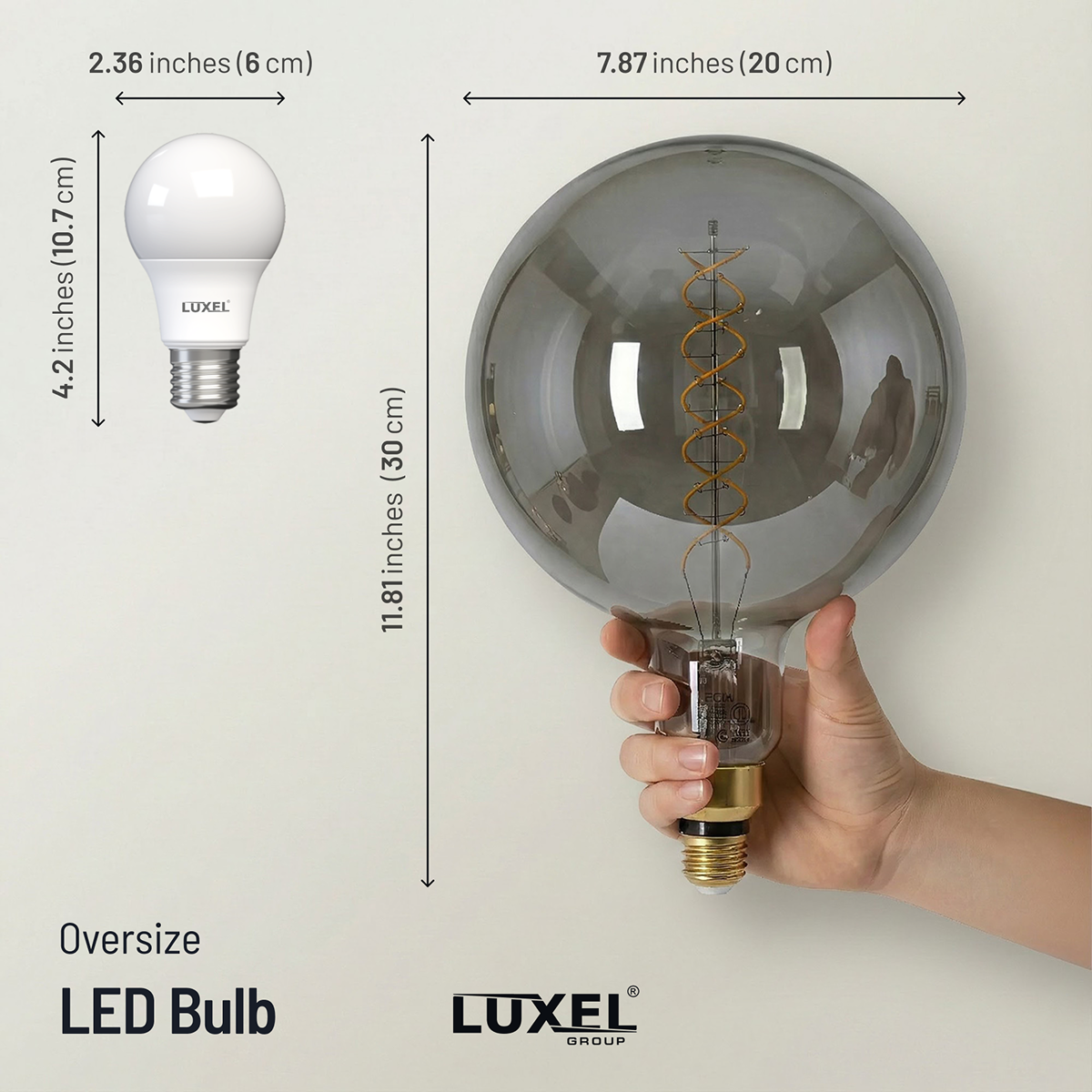 Comparison of an oversized LED bulb and a standard LED bulb with Luxel branding.
