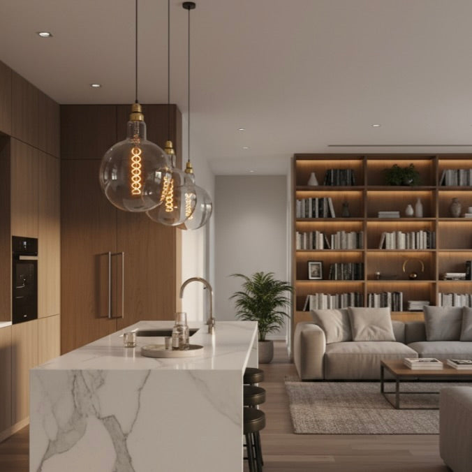Modern kitchen and living room with marble island, pendant lights, and bookshelf.