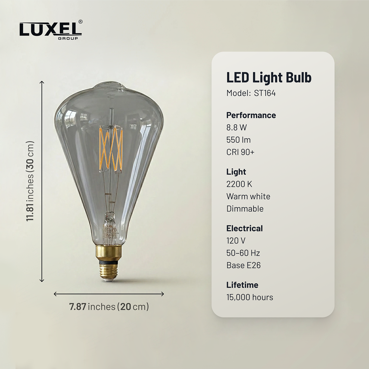 Vintage-style LED light bulb with Luxel branding and specifications on a beige background