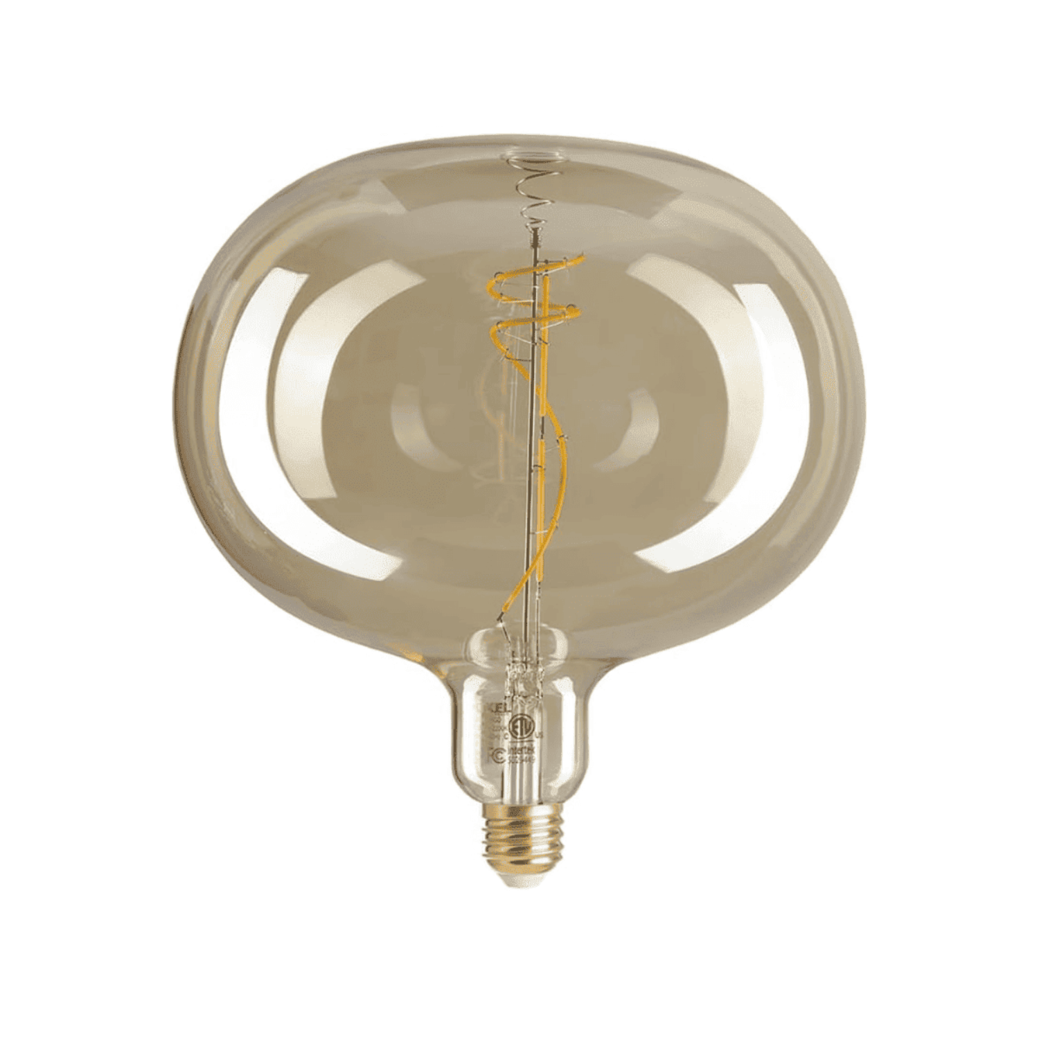 Close-up of oversized amber LED Edison bulb with spiral filament and reflective glass surface