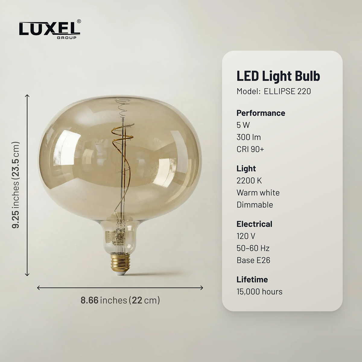 LED light bulb with Luxel branding and specifications on a gray background