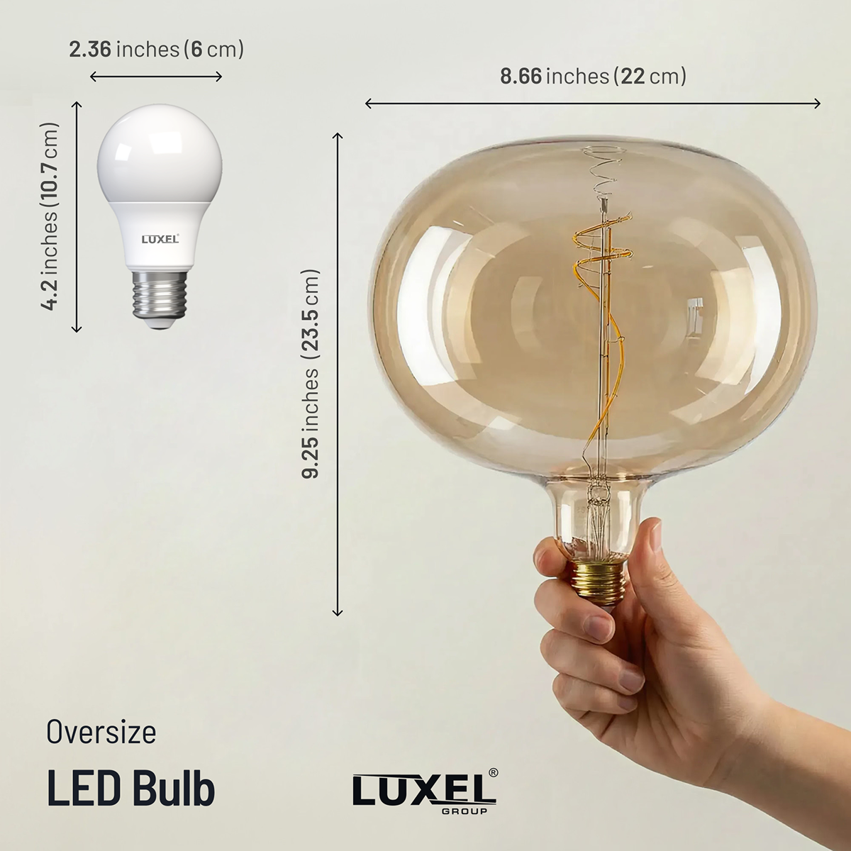 Comparison of an oversized LED bulb and a standard LED bulb with Luxel branding.
