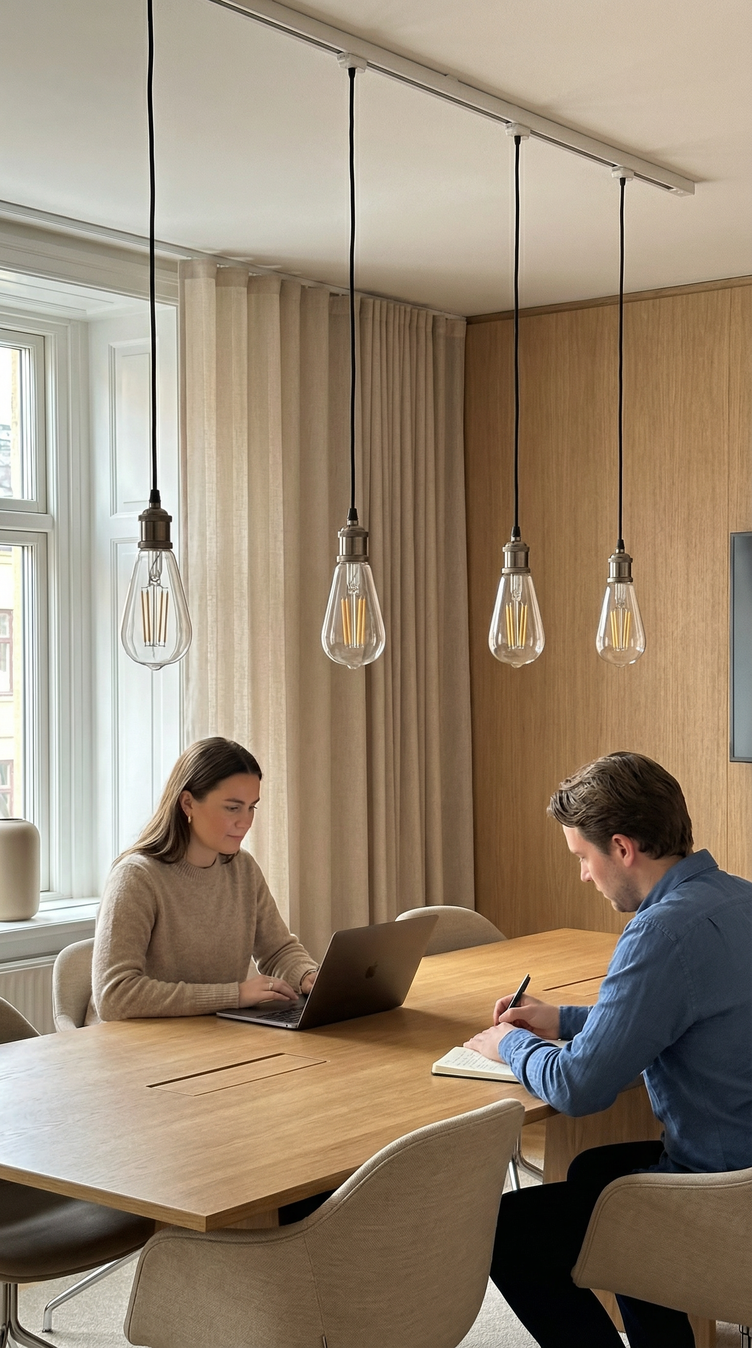 Two people working at a table with modern pendant lights in a bright room.