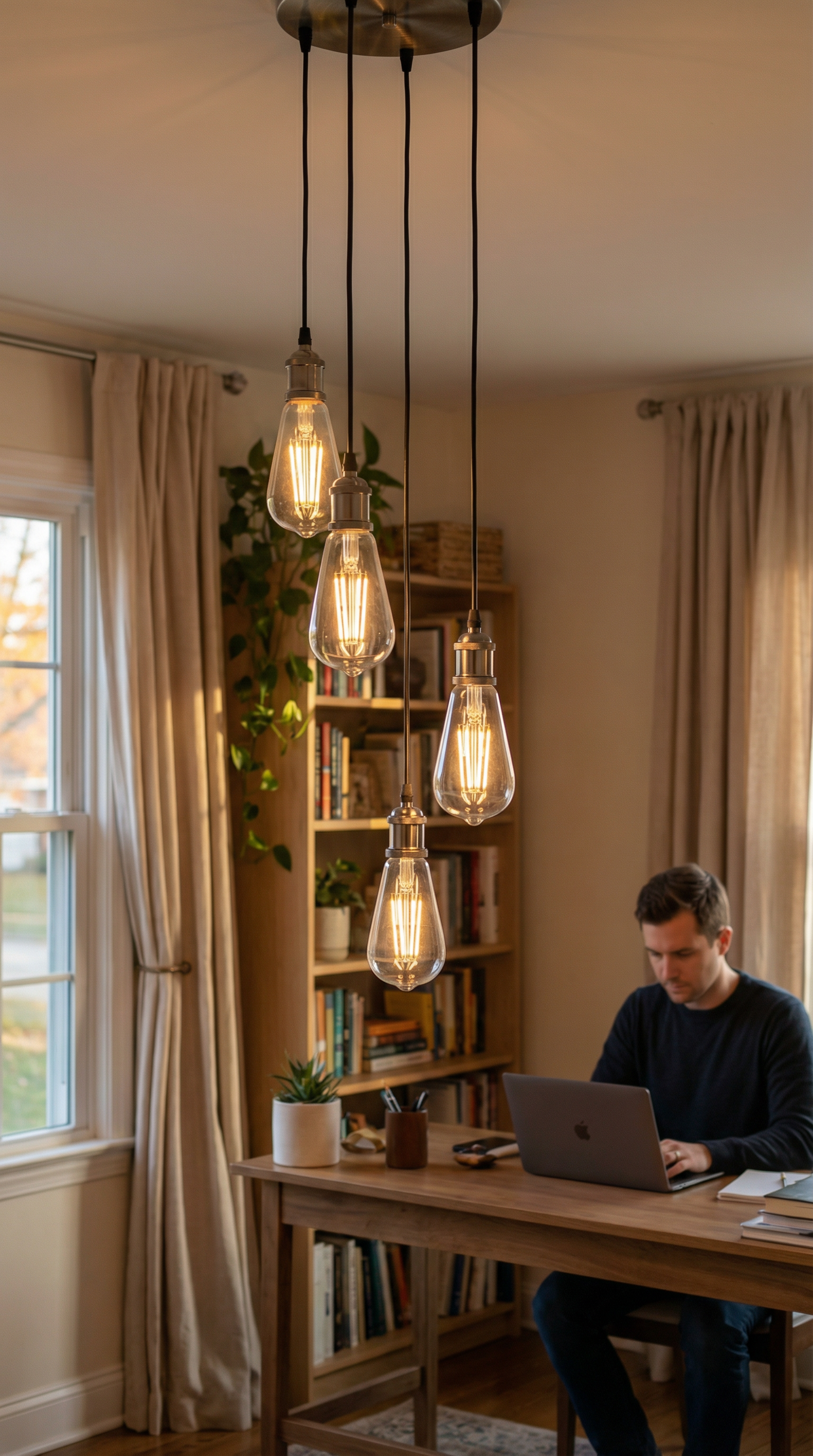 Person working on a laptop at a desk in a home office with pendant lights and bookshelf.