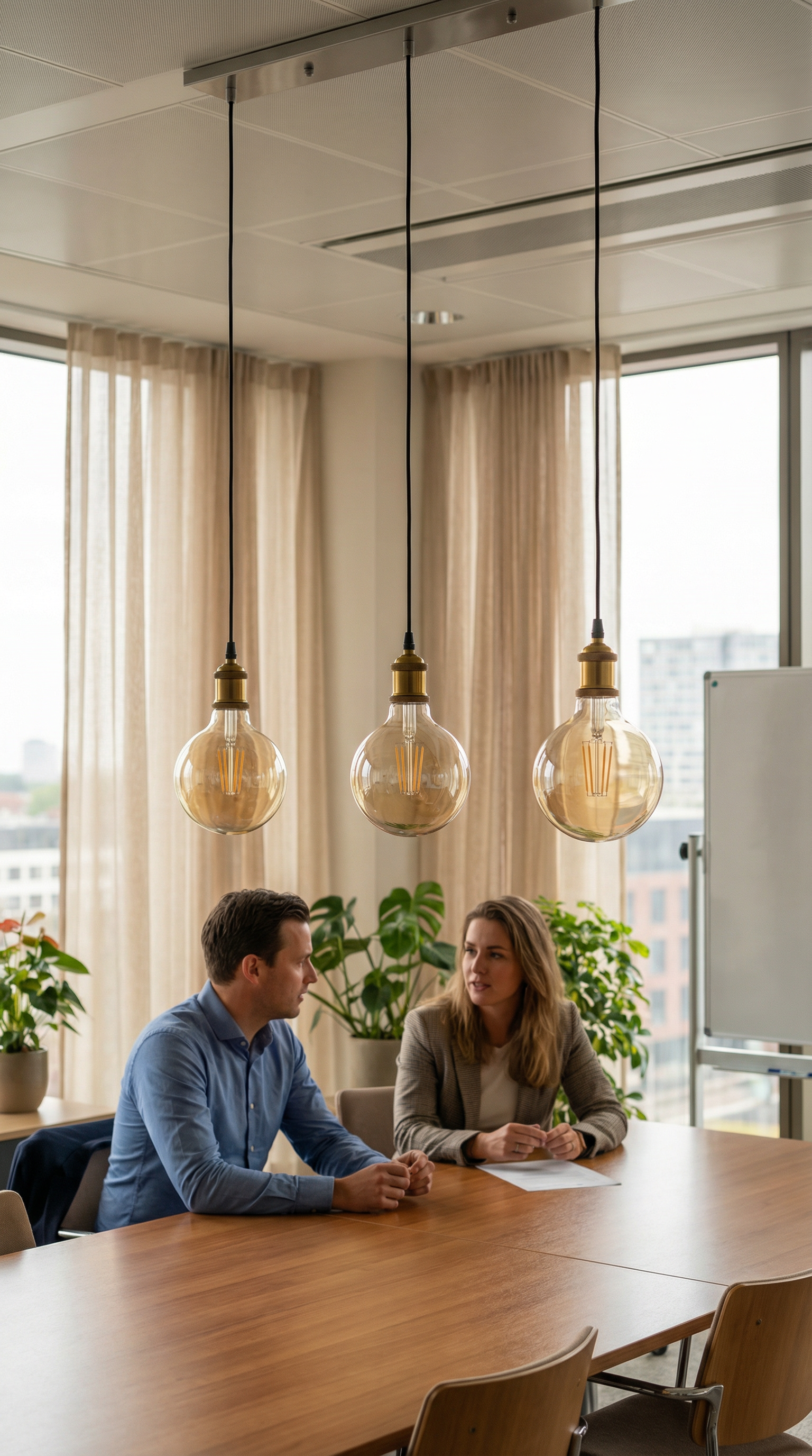 Two people sitting at a conference table in a modern office with pendant lights.