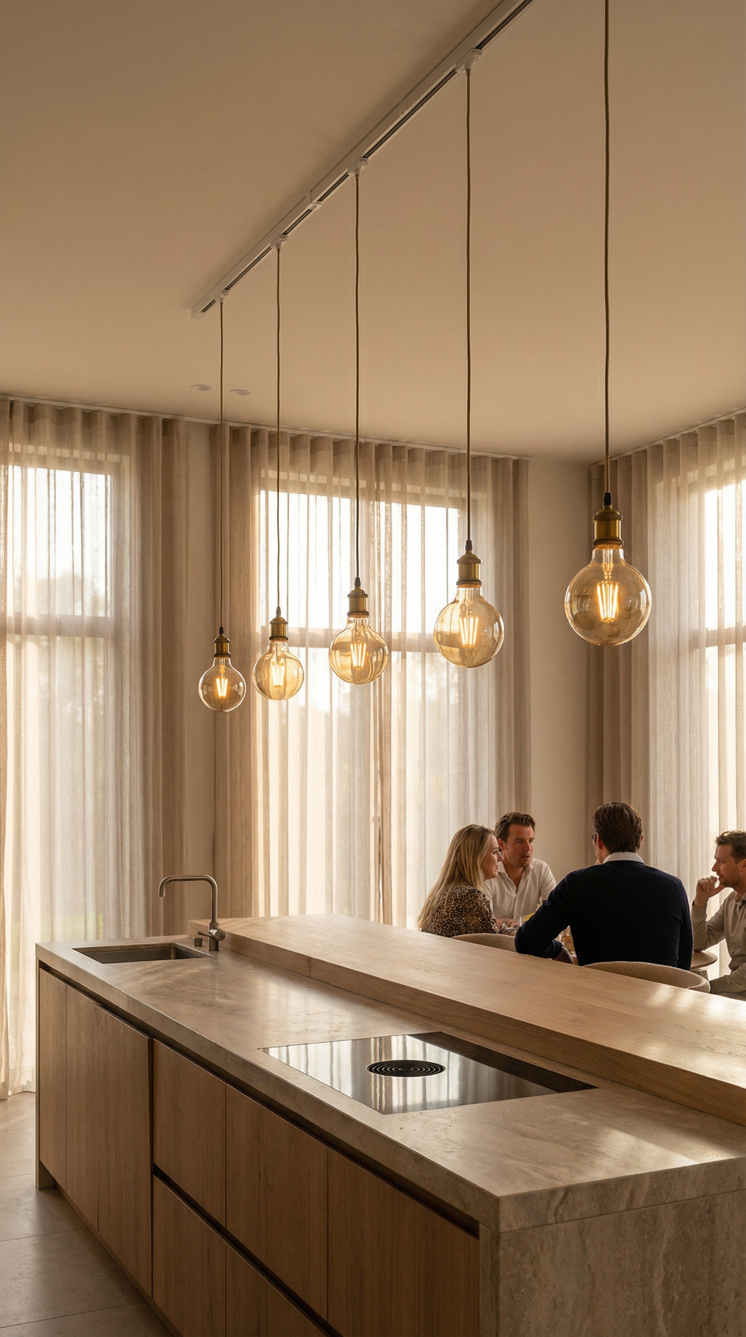 Modern kitchen with pendant lights and people in the background
