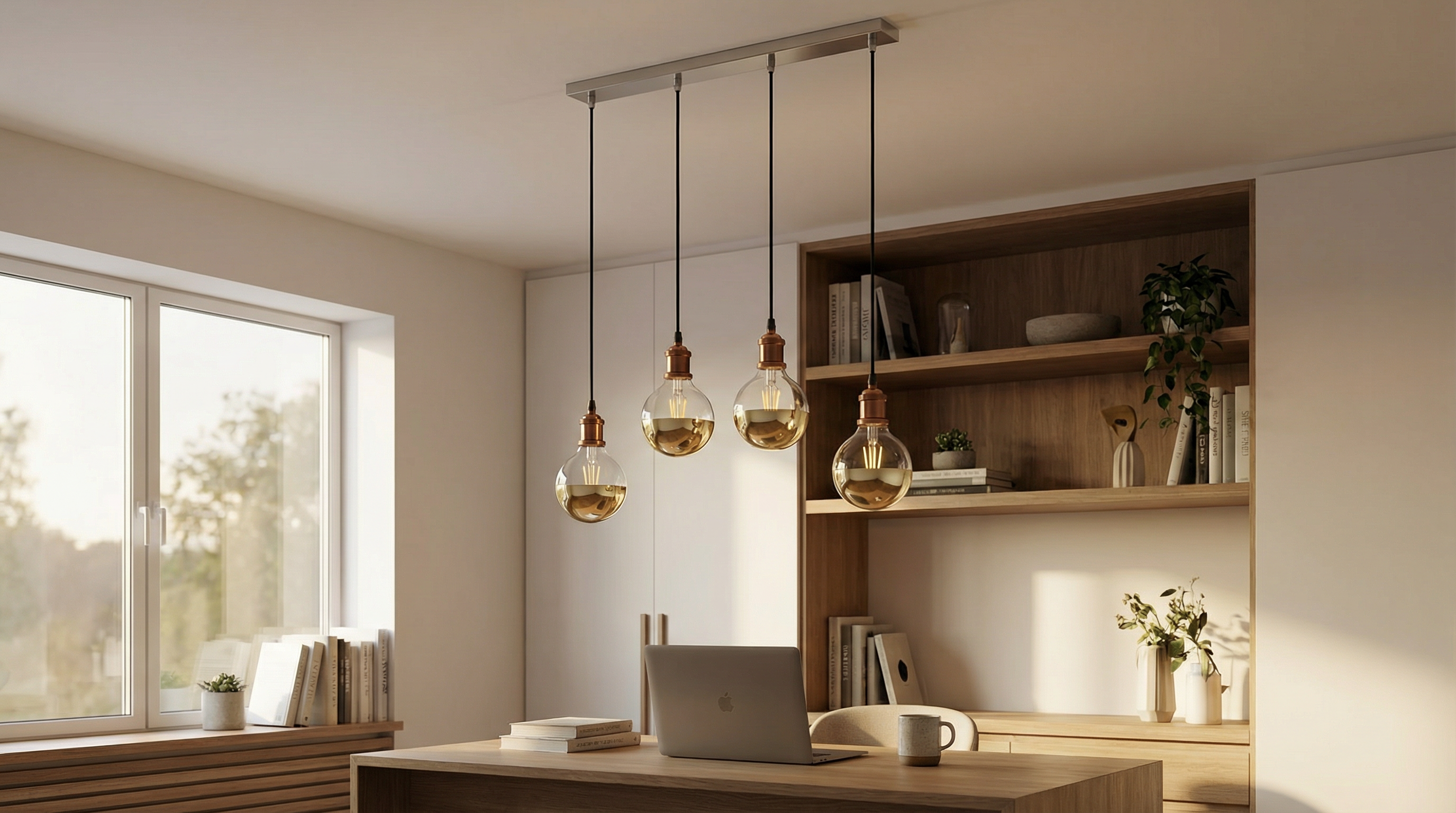 Modern home office with wooden desk, shelves, and pendant lights.